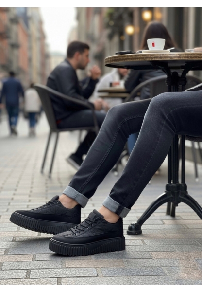 MirgeShoes Siyah Bağcıklı Erkek Casual Ayakkabı Paraşüt Kumaş Tırtıklı Yüksek SYH Taban MRG010603119