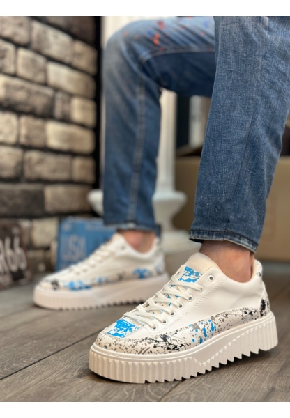MirgeShoes Beyaz Bağcıklı Erkek Casual Ayakkabı Mavi Desenli Tırtıklı Yüksek BYZ Taban MRG010603119