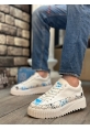 MirgeShoes Beyaz Bağcıklı Erkek Casual Ayakkabı Mavi Desenli Tırtıklı Yüksek BYZ Taban MRG010603119