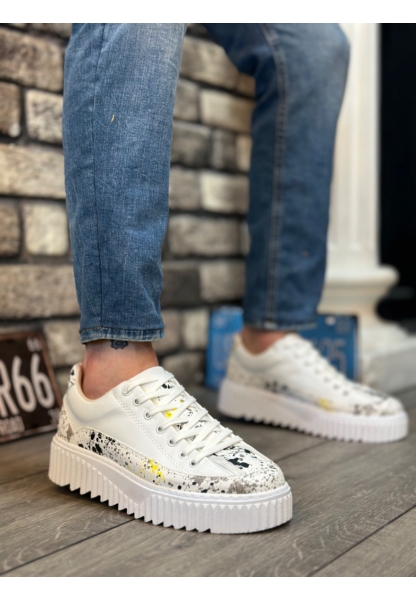 MirgeShoes Beyaz Bağcıklı Erkek Casual Ayakkabı Sarı-Siyah Desenli Tırtıklı Yüksek BYZ Taban MRG010603119