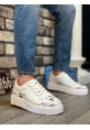 MirgeShoes Beyaz Bağcıklı Erkek Casual Ayakkabı Sarı-Siyah Desenli Tırtıklı Yüksek BYZ Taban MRG010603119