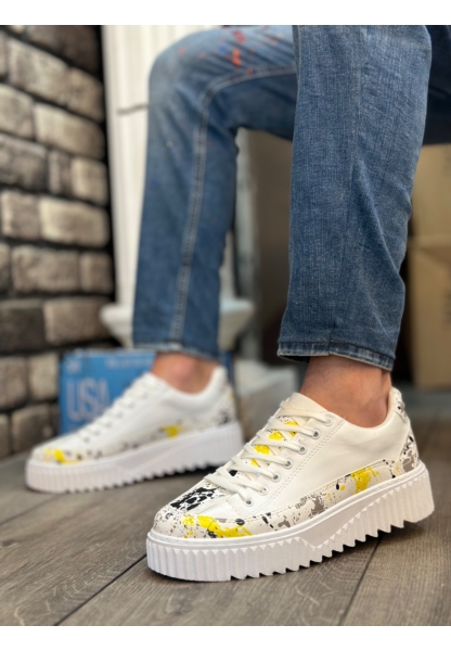 MirgeShoes Beyaz Bağcıklı Erkek Casual Ayakkabı Sarı-Siyah Desenli Tırtıklı Yüksek BYZ Taban MRG010603119