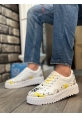 MirgeShoes Beyaz Bağcıklı Erkek Casual Ayakkabı Sarı-Siyah Desenli Tırtıklı Yüksek BYZ Taban MRG010603119