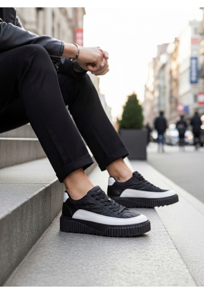 MirgeShoes Siyah Bağcıklı Erkek Casual Ayakkabı Paraşüt Kumaş Tırtıklı Yüksek SYH-BYZ Taban MRG010603119