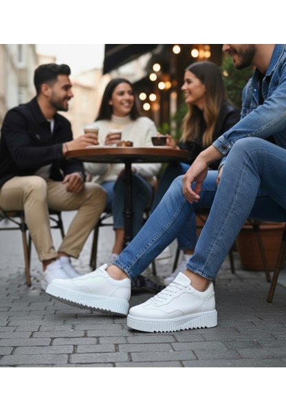 MirgeShoes Beyaz Erkek Günlük Comfort Ayakkabı Tırtıklı Yüksek Kalın BYZ Taban MRG010603120