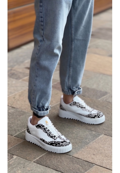 MirgeShoes Beyaz Erkek Günlük Comfort Ayakkabı Gotik Desenli Kalın BYZ Taban MRG010603120