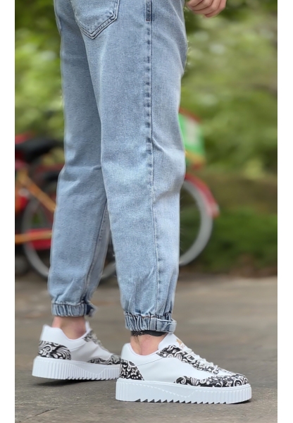 MirgeShoes Beyaz Erkek Günlük Comfort Ayakkabı Gotik Desenli Kalın BYZ Taban MRG010603120