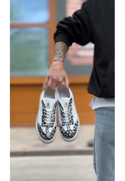 MirgeShoes Beyaz Erkek Günlük Comfort Ayakkabı Gotik Desenli Kalın BYZ Taban MRG010603120