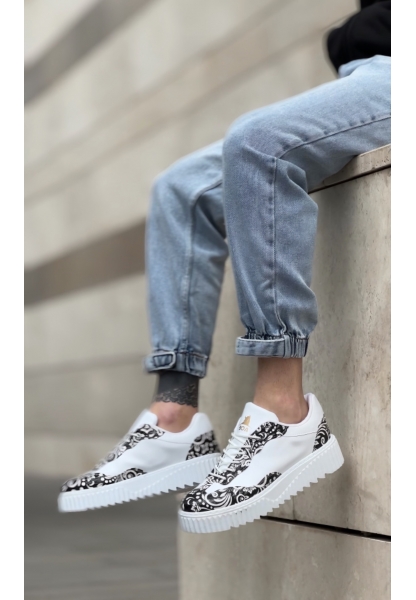 MirgeShoes Beyaz Erkek Günlük Comfort Ayakkabı Gotik Desenli Kalın BYZ Taban MRG010603120