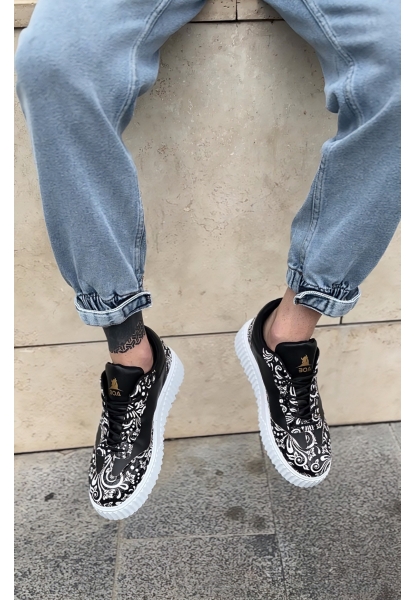 MirgeShoes Siyah Erkek Günlük Comfort Ayakkabı Gotik Desenli Kalın BYZ Taban MRG010603120