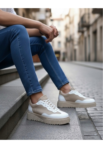 MirgeShoes Krem-Beyaz Erkek Günlük Comfort Ayakkabı Tırtıklı Yüksek Kalın KRM Taban MRG010603120
