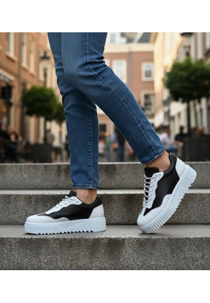 MirgeShoes Siyah-Beyaz Erkek Günlük Comfort Ayakkabı Tırtıklı Yüksek Kalın BYZ Taban MRG010603120