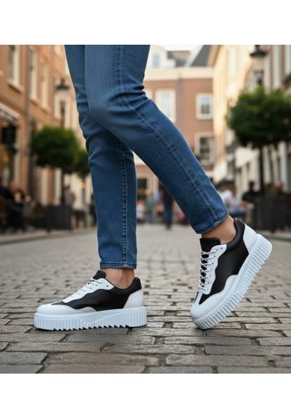 MirgeShoes Siyah-Beyaz Erkek Günlük Comfort Ayakkabı Tırtıklı Yüksek Kalın BYZ Taban MRG010603120