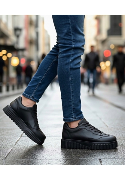 MirgeShoes Siyah Erkek Günlük Comfort Ayakkabı Tırtıklı Yüksek Kalın SYH Taban MRG010603120