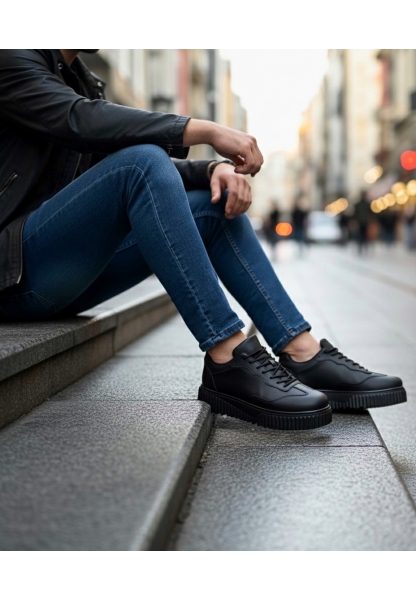MirgeShoes Siyah Erkek Günlük Comfort Ayakkabı Tırtıklı Yüksek Kalın SYH Taban MRG010603120