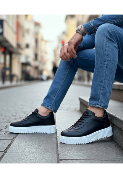 MirgeShoes Siyah Erkek Günlük Comfort Ayakkabı Tırtıklı Yüksek Kalın BYZ Taban MRG010603120
