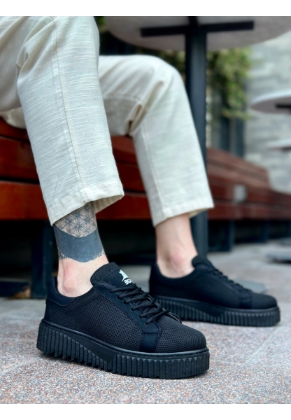 MirgeShoes Siyah Erkek Günlük Spor Ayakkabı Triko Örgü Yüksek Kalın SYH Taban MRG010603121