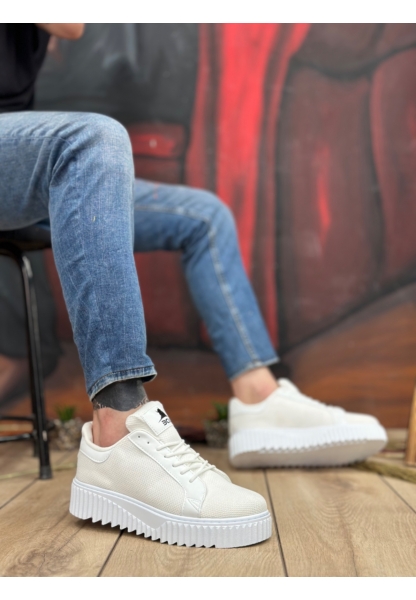 MirgeShoes Beyaz Erkek Günlük Spor Ayakkabı Triko Örgü Yüksek Kalın BYZ Taban MRG010603121