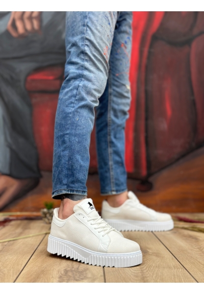 MirgeShoes Beyaz Erkek Günlük Spor Ayakkabı Triko Örgü Yüksek Kalın BYZ Taban MRG010603121