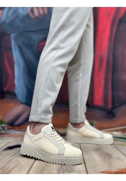 MirgeShoes Krem Erkek Günlük Spor Ayakkabı Triko Örgü Yüksek Kalın KRM Taban MRG010603121