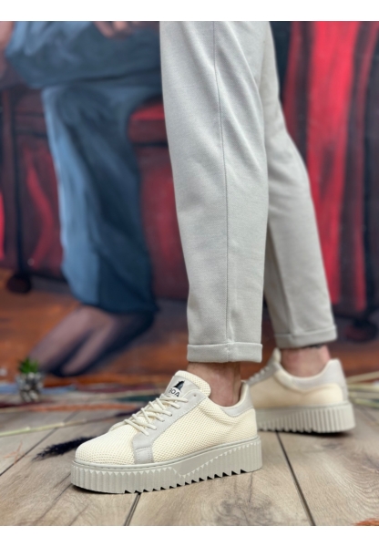 MirgeShoes Krem Erkek Günlük Spor Ayakkabı Triko Örgü Yüksek Kalın KRM Taban MRG010603121