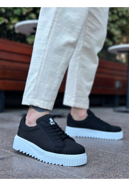 MirgeShoes Siyah Erkek Günlük Spor Ayakkabı Triko Örgü Yüksek Kalın BYZ Taban MRG010603121