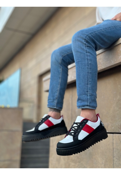MirgeShoes Siyah-Beyaz Erkek Günlük Spor Ayakkabı Renk Detaylı Tırtıklı Kalın SHY Taban MRG010603122