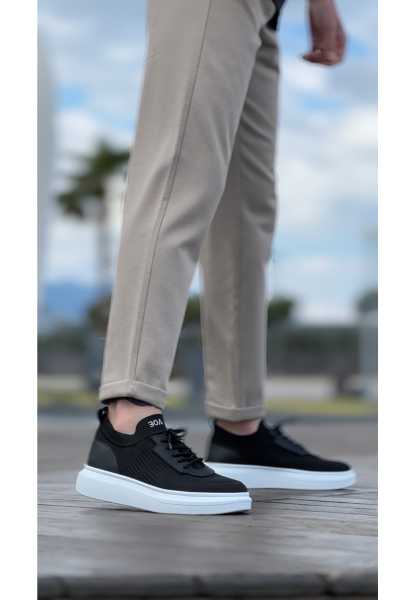 MirgeShoes Siyah Erkek Tarz Spor Ayakkabı Hava alan Örgü Triko Beyaz Taban MRG010603130