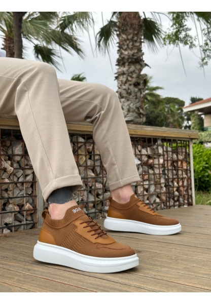 MirgeShoes Taba Erkek Tarz Spor Ayakkabı Hava alan Örgü Triko Beyaz Taban MRG010603130