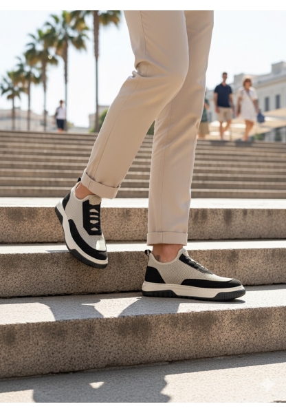 MirgeShoes Bej-Siyah Erkek Günlük Spor Ayakkabı Havalı Özel Örme Triko Bej-Siyah Taban MRG010603229