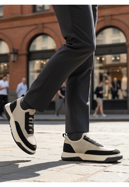 MirgeShoes Bej-Siyah Erkek Günlük Spor Ayakkabı Havalı Özel Örme Triko Bej-Siyah Taban MRG010603229