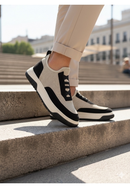 MirgeShoes Bej-Siyah Erkek Günlük Spor Ayakkabı Havalı Özel Örme Triko Bej-Siyah Taban MRG010603229