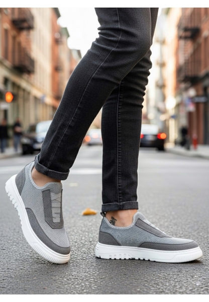 MirgeShoes Gri Erkek Günlük Spor Ayakkabı Havalı Özel Örme Triko Beyaz Taban MRG010603229