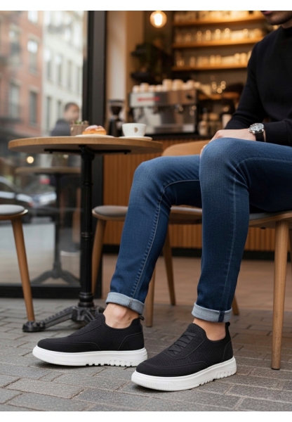 MirgeShoes Siyah Erkek Günlük Spor Ayakkabı Havalı Özel Örme Triko Beyaz Taban MRG010603229