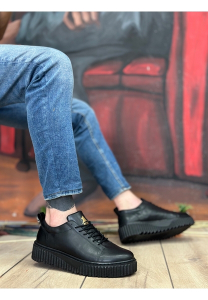 MirgeShoes Siyah Bağcıklı Erkek Casual Spor Ayakkabı Yüksek Kalın Siyah Taban MRG010610422