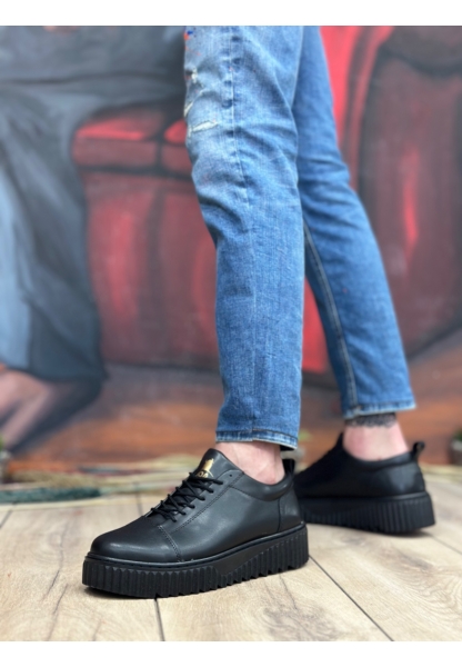 MirgeShoes Siyah Bağcıklı Erkek Casual Spor Ayakkabı Yüksek Kalın Siyah Taban MRG010610422