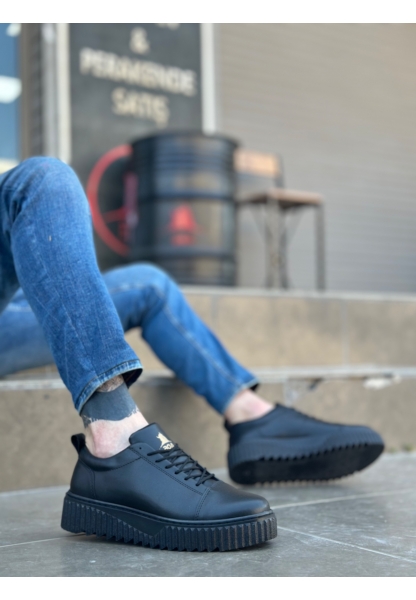 MirgeShoes Siyah Bağcıklı Erkek Casual Spor Ayakkabı Yüksek Kalın Siyah Taban MRG010610422
