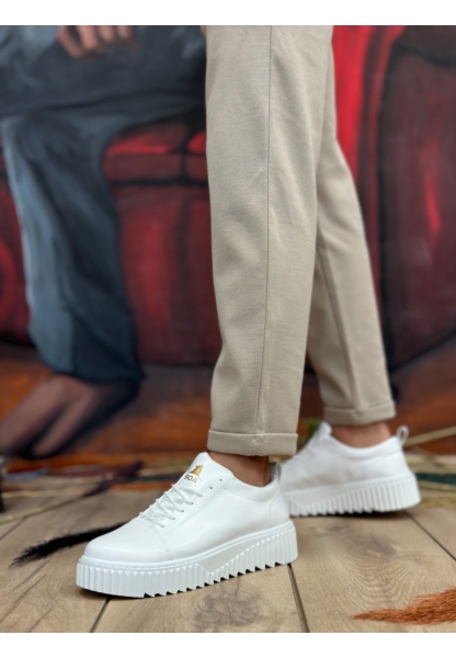 MirgeShoes Beyaz Bağcıklı Erkek Casual Spor Ayakkabı Yüksek Kalın Beyaz Taban MRG010610422