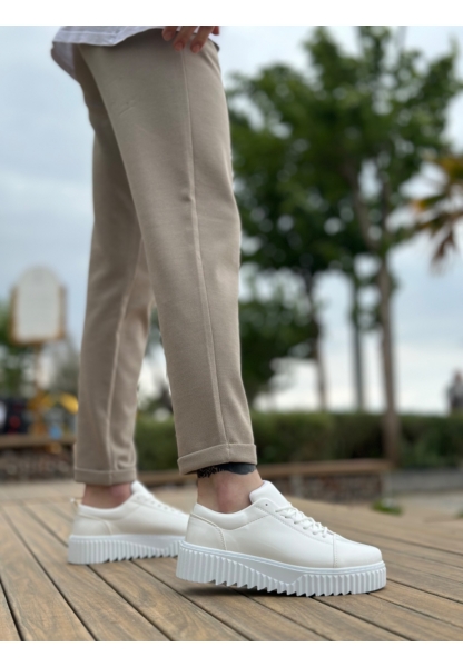 MirgeShoes Beyaz Bağcıklı Erkek Casual Spor Rugan Ayakkabı Yüksek Kalın Beyaz Taban MRG010610422
