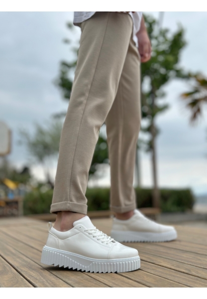MirgeShoes Beyaz Bağcıklı Erkek Casual Spor Rugan Ayakkabı Yüksek Kalın Beyaz Taban MRG010610422