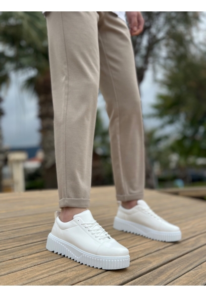 MirgeShoes Beyaz Bağcıklı Erkek Casual Spor Rugan Ayakkabı Yüksek Kalın Beyaz Taban MRG010610422