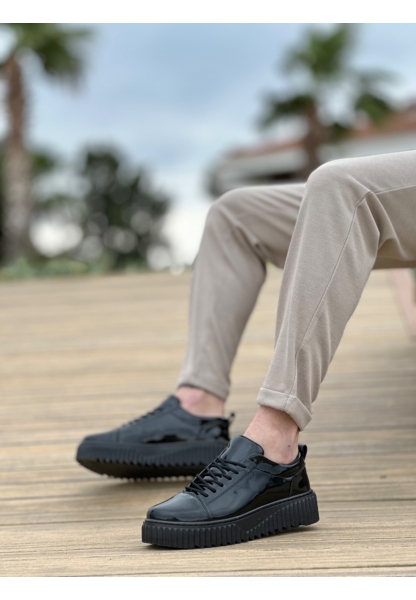 MirgeShoes Siyah Bağcıklı Erkek Casual Spor Rugan Ayakkabı Yüksek Kalın Siyah Taban MRG010610422