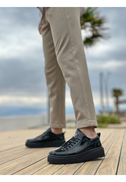 MirgeShoes Siyah Bağcıklı Erkek Casual Spor Rugan Ayakkabı Yüksek Kalın Siyah Taban MRG010610422