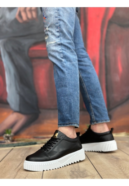 MirgeShoes Siyah Bağcıklı Erkek Casual Spor Ayakkabı Yüksek Kalın Beyaz Taban MRG010610422