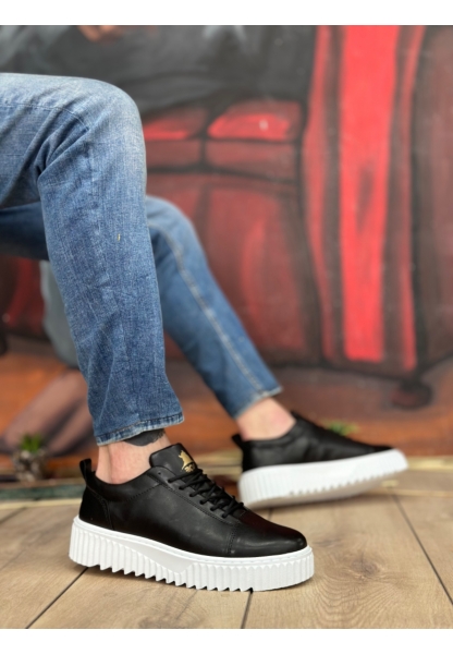 MirgeShoes Siyah Bağcıklı Erkek Casual Spor Ayakkabı Yüksek Kalın Beyaz Taban MRG010610422