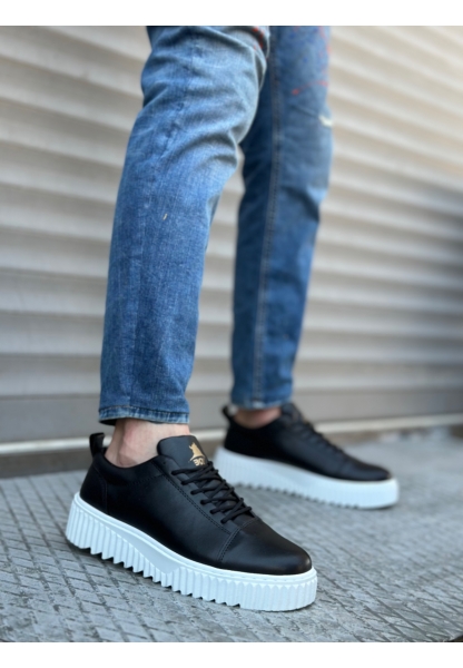 MirgeShoes Siyah Bağcıklı Erkek Casual Spor Ayakkabı Yüksek Kalın Beyaz Taban MRG010610422