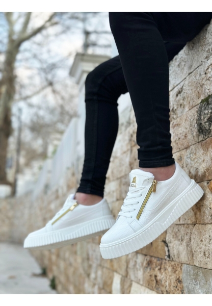 MirgeShoes Beyaz Çift Fermuarlı Erkek Casual Ayakkabı Kalın Yüksek Taban MRG01062626