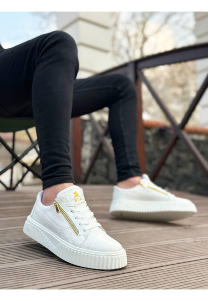 MirgeShoes Beyaz Çift Fermuarlı Erkek Casual Ayakkabı Kalın Yüksek Taban MRG01062626