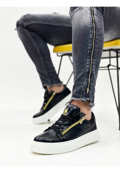 MirgeShoes Siyah Çift Fermuarlı Erkek Casual Ayakkabı Kalın Yüksek Beyaz Taban MRG01062626