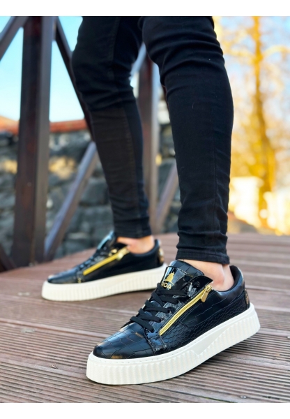 MirgeShoes Siyah Çift Fermuarlı Erkek Casual Ayakkabı Kalın Yüksek Beyaz Taban MRG01062626